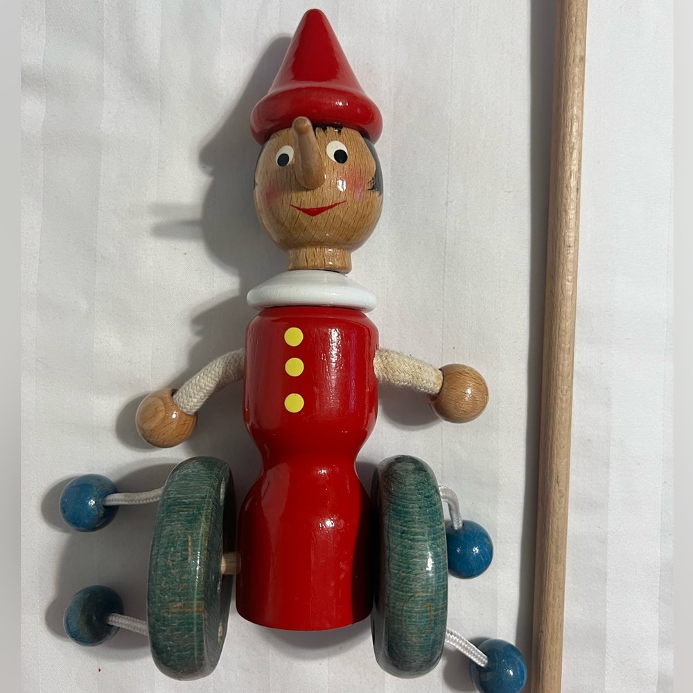 PINOCCHIO ~ By MASTRO GEPPETTO Italy Wooden Toy Doll With Push Wheels Disney